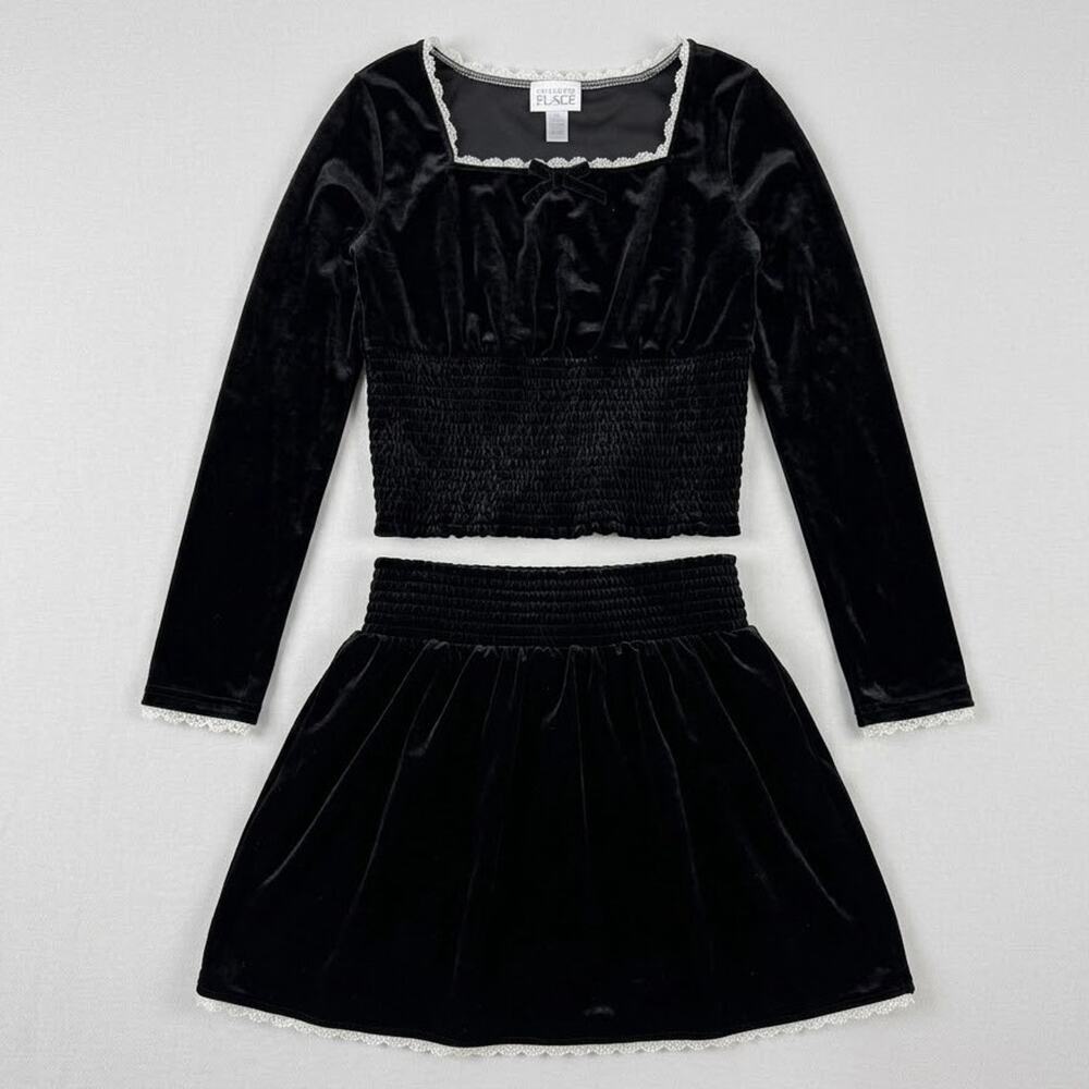 Coquette Black Velvet Lace Trim Smocked Crop Top Mini Skirt Set XS